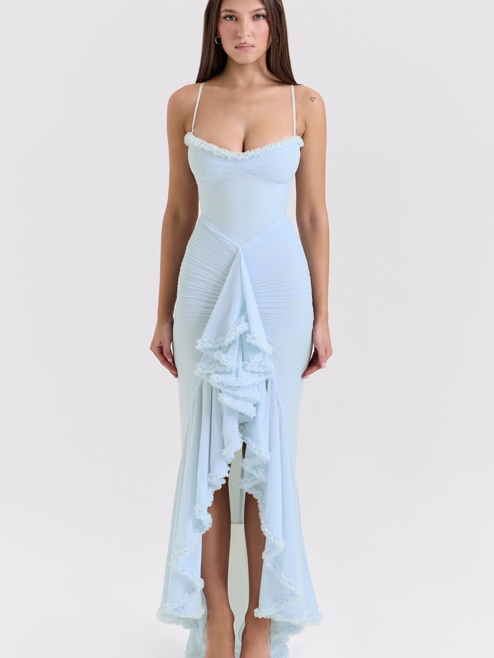 House of CB Gabbi Ice Blue Mesh Ruffled Front Gown With Tag - Picture 2 of 14